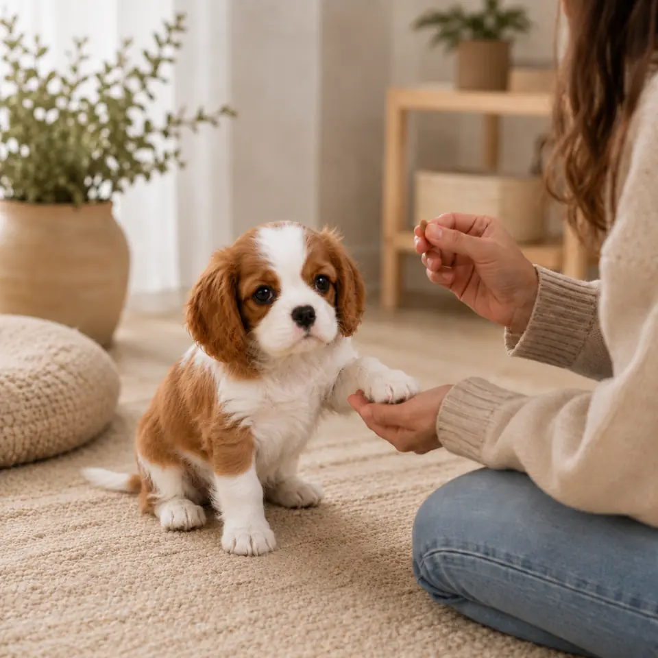 Blenheim Cavalier puppy offering a paw during reward-based training