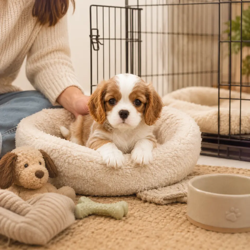 Blenheim Cavalier puppy resting in a cosy bed beside a crate