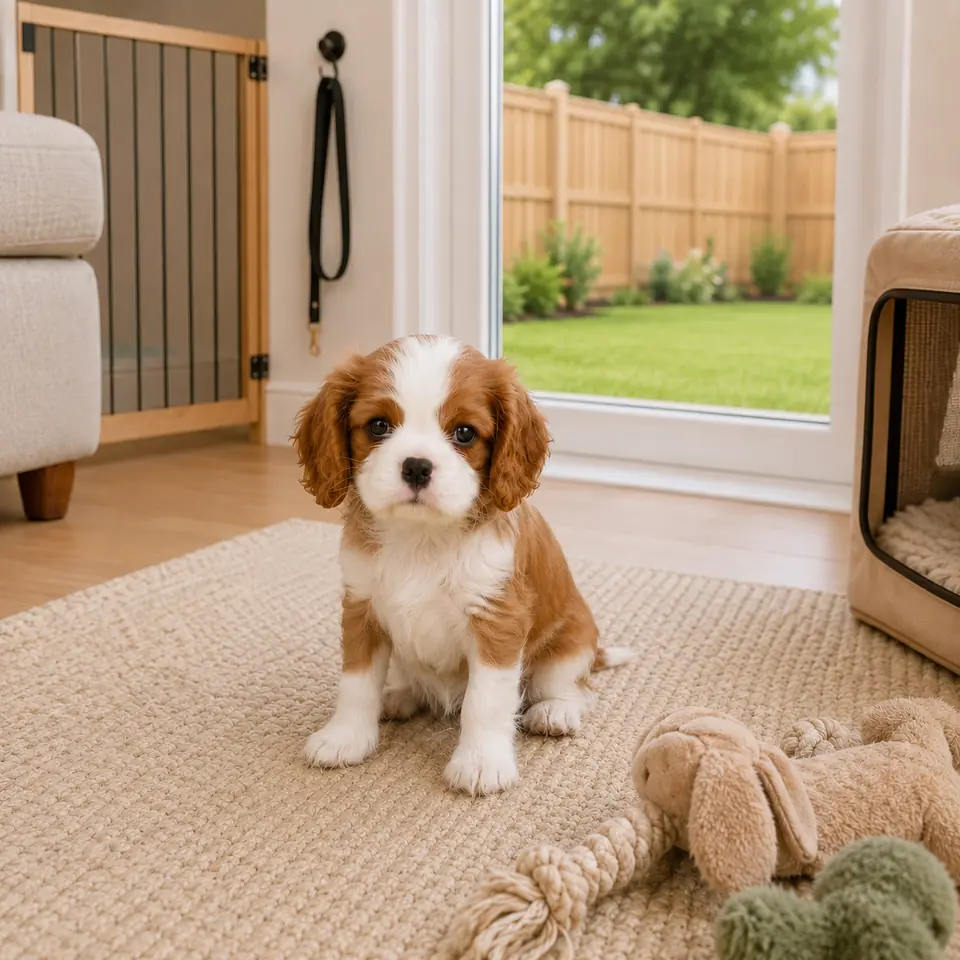 Blenheim Cavalier puppy beside an open door leading to a securely fenced backyard