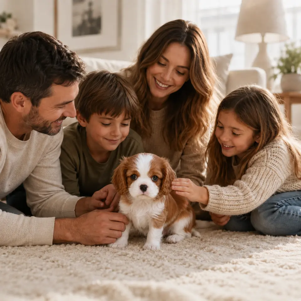 Family gathered around a Blenheim Cavalier puppy