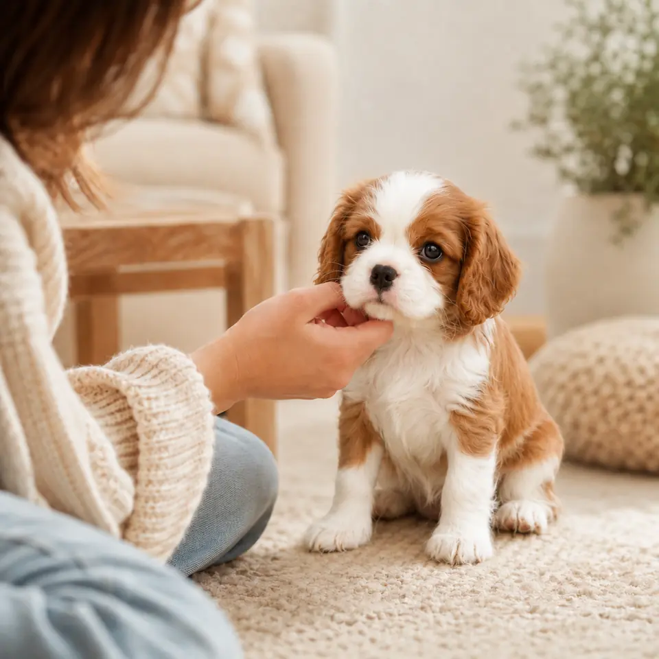 Blenheim Cavalier puppy responding gently to a person during a temperament interaction
