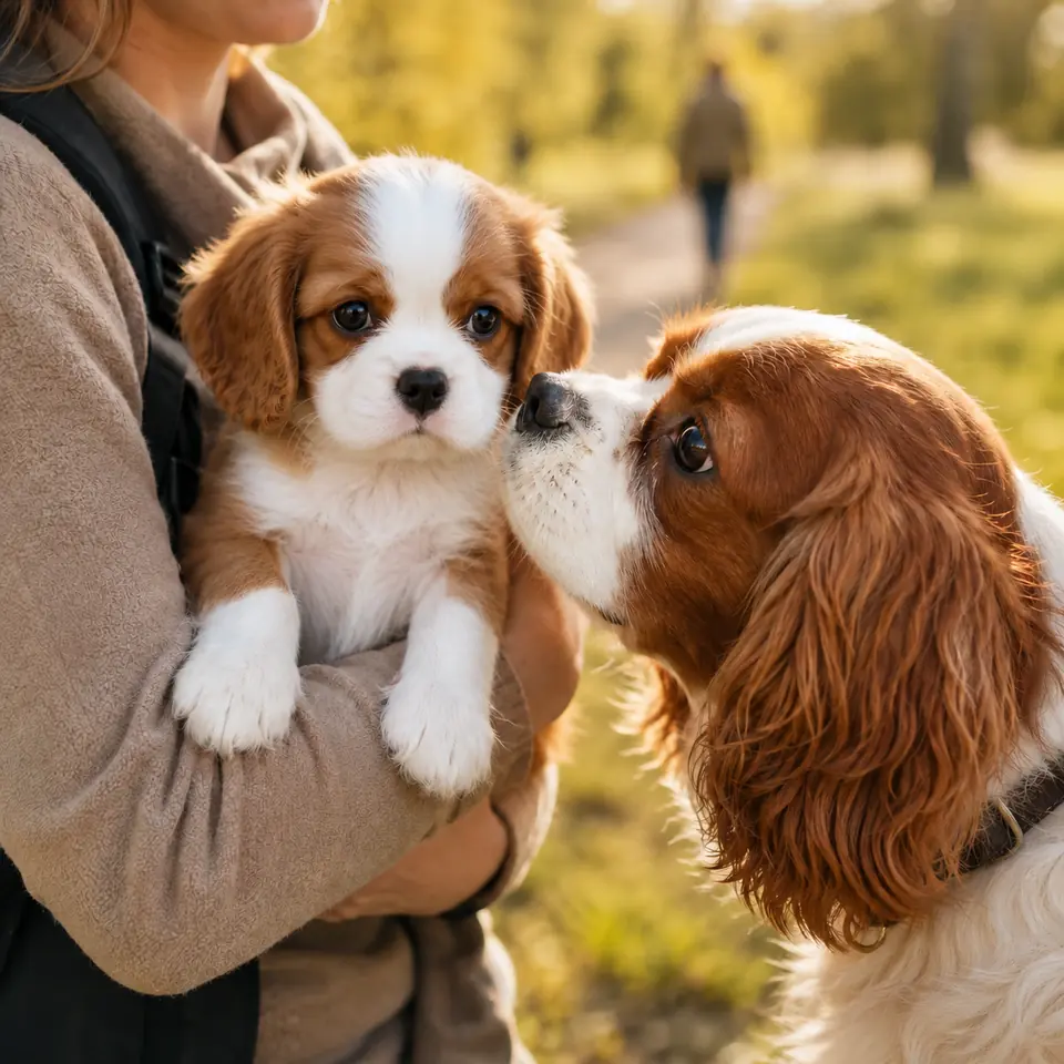 Blenheim Cavalier puppy safely greeting a friendly adult Cavalier while being carried outdoors