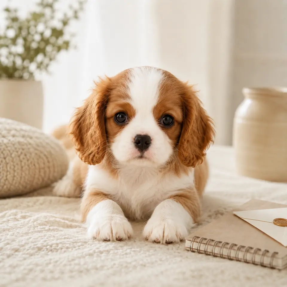 Blenheim Cavalier puppy resting on a cream bed